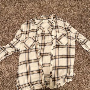 Maurice’s flannel! Size medium, white with gold and navy blue stripes